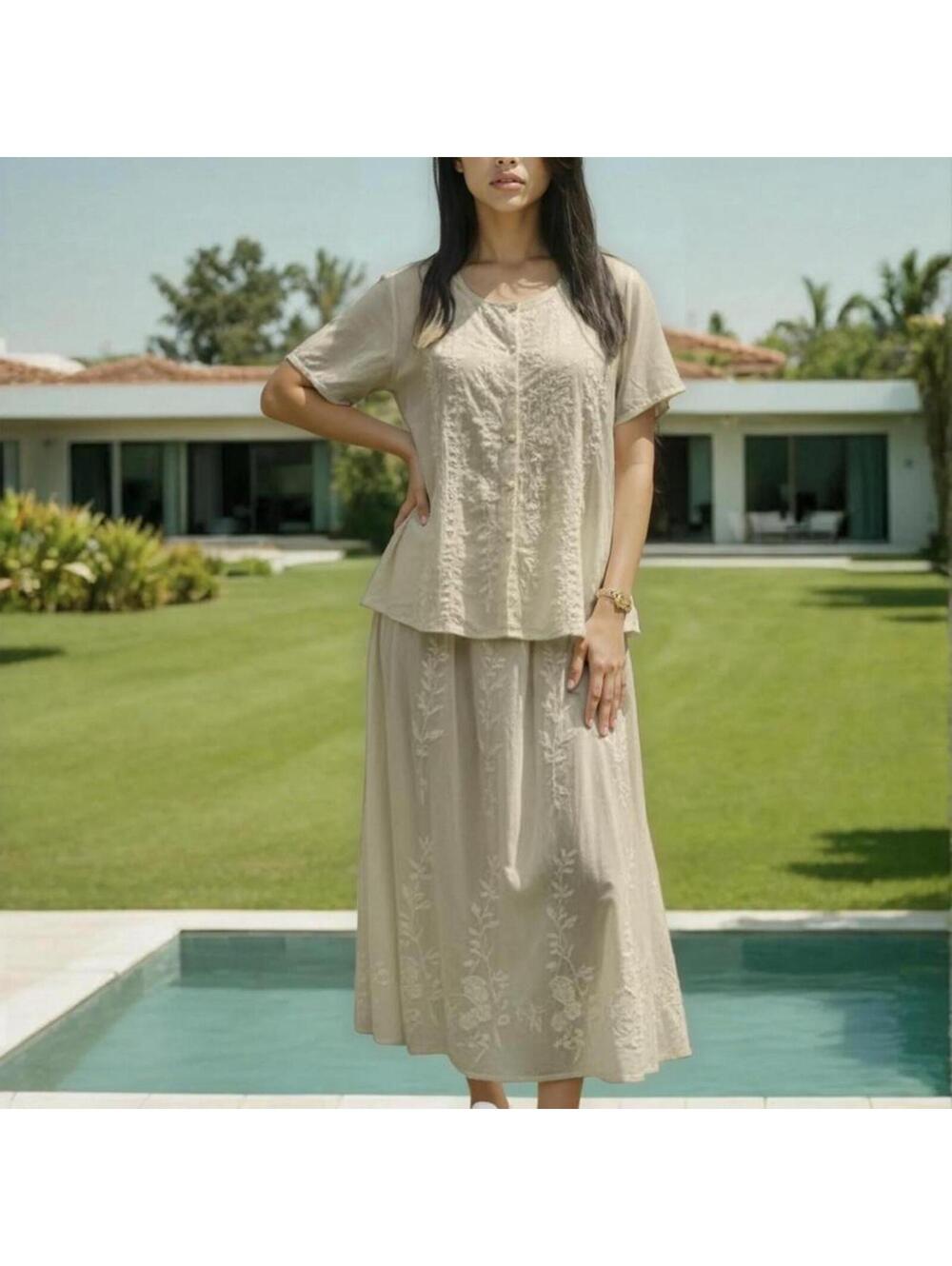 Women's Cream and Tan Dress